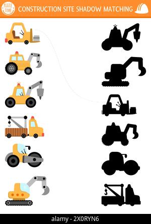 Activité d'appariement de l'ombre du chantier de construction avec transport spécial, véhicules. Puzzle de travaux de construction avec rouleau, excavatrice, excavatrice, bulldozer. Trouver cor Illustration de Vecteur