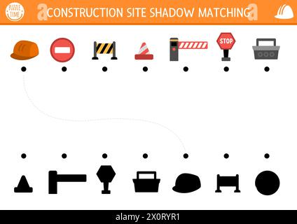 Activité de correspondance de l'ombre du chantier de construction avec les symboles traditionnels. Puzzle de travaux de construction avec barrière, casque, route, signe, boîte à outils. Trouver le bon si Illustration de Vecteur
