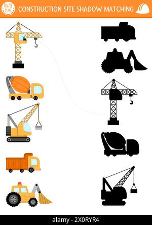Activité d'appariement de l'ombre du chantier de construction avec transport spécial, véhicules. Puzzle de travaux de construction avec grue de levage, camion, bétonnière. Trouver cor Illustration de Vecteur