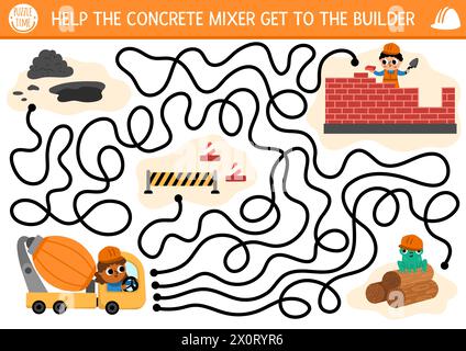 Labyrinthe de chantier de construction pour les enfants avec concept industriel. Aidez le malaxeur à béton à aller à la maison de brique de construction de travailleur. Travaux de construction préscolaire imprimable Illustration de Vecteur