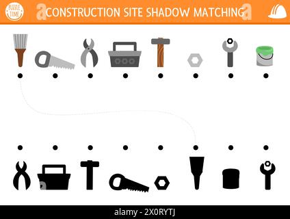 Activité d'appariement de l'ombre du chantier de construction avec des outils et des instruments. Puzzle de travaux de construction avec tournevis, boîte, marteau, brosse, scie, peinture. Trouver c Illustration de Vecteur