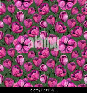 Motif de fleur d'anémone rose aquarelle. Fleurs magenta peintes à la main sur fond vert foncé. Conception florale d'été pour l'invitation de mariage, enregistrer le Banque D'Images