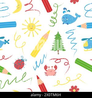 Motif de dessin enfant. Fond coloré sans couture avec des crayons et des animaux et des jouets doodle Illustration de Vecteur