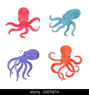 Ensemble de vecteurs de poulpe bébé mignon. Animaux de mer aquarelle pour les enfants Illustration de Vecteur