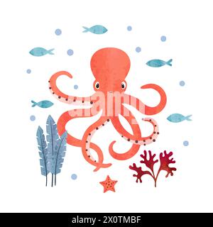 Illustration vectorielle de bébé mignon poulpe. Affiche d'aquarelle marine, impression pour les enfants Illustration de Vecteur