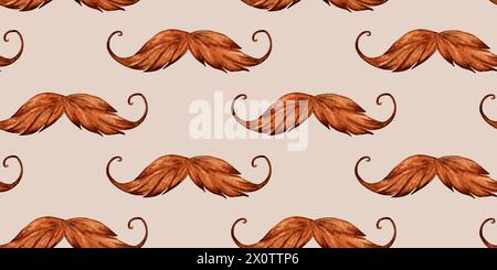 Illustration aquarelle d'un motif de moustache rouge sur un fond beige. Costume de fête de la bière isolé. Pour la décoration de salon de coiffure, papier d'emballage, wa Banque D'Images