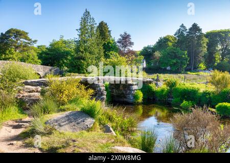 Vieux pont clapper sur la rivière West Dart à Postbridge, Dartmoor, Devon, Royaume-Uni. Banque D'Images