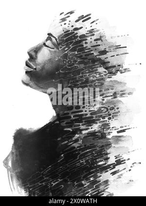Portrait peint en noir et blanc double exposition du profil d'une femme Banque D'Images