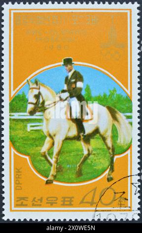 Timbre-poste annulé imprimé par la Corée du Nord, qui montre pré-Jeux Olympiques Moscou 1980 - Equestrian, vers 1978. Banque D'Images