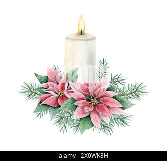 Bougie brûlante de Noël avec des fleurs de poinsettia rose et des branches de sapin illustration aquarelle pour les vacances du nouvel an Banque D'Images