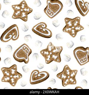 Biscuits en pain d'épice de flocons de neige, forme de coeur et de mitaines avec motif sans couture de Noël de guimauve blanche sur blanc Banque D'Images