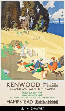 Affiche de voyage souterrain vintage : Kenwood , la crête de Londres, nettoyée et balayée par les vents. Accessible par Hamstead Underground par George Sheringham, vers 1926 Banque D'Images