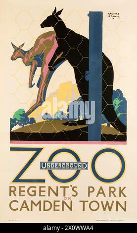 Affiche de voyage sous terre vintage : zoo de Londres accessible par Regent's Park of Camden Town Underground par Gregory Brown, vers 1927. Affiche représentant des kangourous Banque D'Images