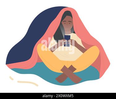 Fille assise sous couverture la nuit pour jouer sur le téléphone portable, envoyer des messages illustration vectorielle Illustration de Vecteur