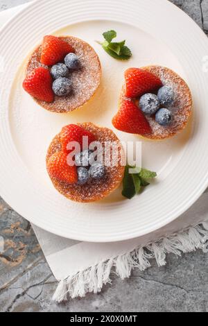 Les crêpes de soufflé japonais moelleuses sont comme manger des nuages cotonneux avec des baies fraîches en gros plan sur une assiette sur la table. Vue de dessus verticale Banque D'Images