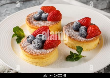 Crêpes de soufflé moelleuses et délicieuses avec du sucre en poudre gros plan sur une assiette sur la table. Horizontal Banque D'Images