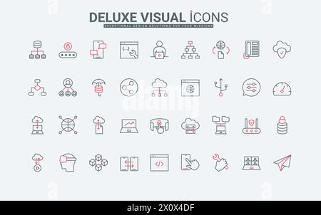 Système de données réseau et icônes de ligne d'architecture définies. Modèle d'organigramme et algorithme, fenêtre de navigateur et paramètres de l'application mobile, tests de nuage minces symboles de contour noir et rouge, illustration vectorielle Illustration de Vecteur