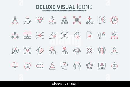 Structure et hiérarchie de la société d'entreprise, ensemble d'icônes de ligne d'organisation de service. Organigramme avec directeur et équipe d'employés, symboles de contour noir et rouge minces de la main-d'œuvre, illustration vectorielle Illustration de Vecteur