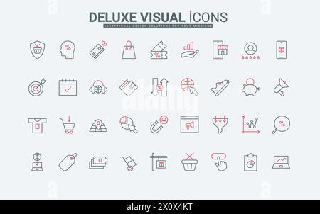 Entonnoir de vente et icônes de ligne de campagne SMM. Aimant pour attirer les clients et l'argent, coupon et réductions, recherche de produits pour acheter et vendre des symboles minces de contour noir et rouge, illustration vectorielle Illustration de Vecteur