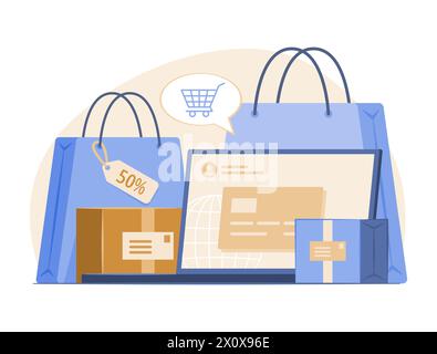 Sacs à provisions et boîtes de marchandises avec ordinateur portable pour le shopping en ligne et l'illustration de concept de commerce électronique Illustration de Vecteur