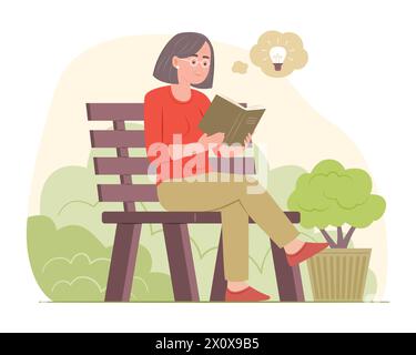 Femme senior lisant un livre tout en étant assise sur le banc dans le jardin Illustration de Vecteur