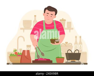 Chubby Man préparer l'ingrédient alimentaire pour la cuisson dans la cuisine Illustration de Vecteur
