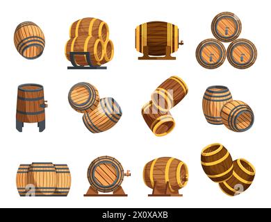Fûts et tonneaux en bois. Fût de vin et tonneau de bière, récipient en bois pour le stockage de l'alcool, récipient en bois pour le brassage du vin. Ensemble de vecteurs Illustration de Vecteur