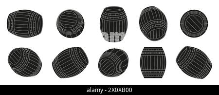 Barils noirs. Conteneurs de fûts en bois pour le stockage de l'alcool, équipement de restaurant de bar de brasserie de pub, fût de bande dessinée avec boisson. Ensemble isolé de vecteur Illustration de Vecteur