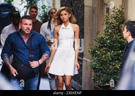 Milan, Zendaya, Mike Faist, Josh O'Connor et Luca Guadagnino arrivent au photocall à l'occasion de la sortie du film Challengers au Terrazza Duomo 21. Sur la photo : Zendaya Banque D'Images