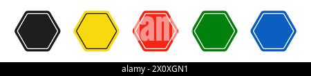 Ensemble de panneaux routiers hexagonaux noirs, jaunes, rouges, verts et bleus. Illustration vectorielle des icônes pour avertir de la situation sur la route. Isolat blanc Illustration de Vecteur