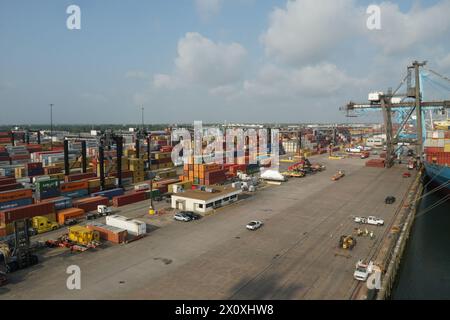 Terminal à conteneurs de Houston avec grues portiques vertes exploitées par des débardeurs prêts pour l'opération de fret. Banque D'Images