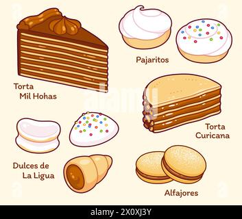 Ensemble de dessins animés de desserts chiliens traditionnels. Bonbons, gâteaux et biscuits. Alfajores, Mil Hojas, Pajaritos. Illustration clip art vectorielle isolée. Illustration de Vecteur