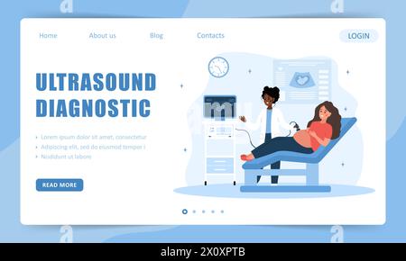 Échographie diagnostique. Modèle de page d'arrivée. Médecin pratiquant le dépistage du foetus à la future mère. Fille enceinte avec le ventre regardant dans le moniteur Illustration de Vecteur