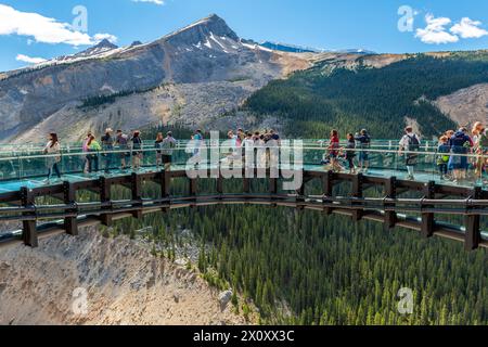 Touristes marchant sur Columbia Icefield Skywalk, glacier Athabasca, parc national Jasper, Canada. Banque D'Images