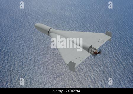 Vue de dessus du drone de combat de l'armée iranienne 'Shahid' volant au-dessus de la mer, guerre au moyen-Orient, attaque de drone, Banque D'Images