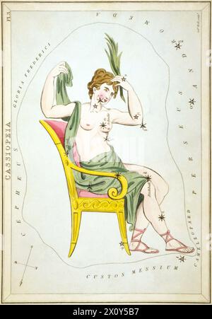 'Cassiopée', planche 3 dans le miroir d'Urania, un ensemble de cartes célestes accompagnées d'Un traité familier sur l'astronomie ... Par Jehoshaphat Aspin. Londres. Carte astronomique montrant Persée tenant une épée sanglante et la tête coupée de Méduse formant la constellation. 1 impression sur carton multicouche : gravure, colorée à la main. Banque D'Images