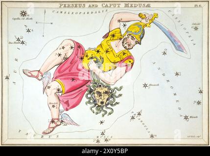 Persée et Caput Medusæ, planche 6 dans le miroir d'Urania, un ensemble de cartes célestes accompagnées d'Un traité familier sur l'astronomie ... Par Jehoshaphat Aspin. Londres. Carte astronomique montrant Persée tenant une épée sanglante et la tête coupée de Méduse formant la constellation. 1 impression sur carton multicouche : gravure, colorée à la main. Banque D'Images