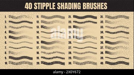 Pinceau dispersé à stipple, dessin à l'encre et texturation. Dégradé de fondu. Pointillés, dessin dotwork, ombrage à l'aide de points. Effet de désintégration des demi-tons Illustration de Vecteur