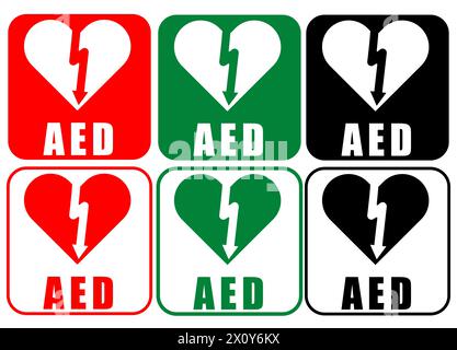 Icônes ou graphiques de DAE médical avec coloris rouge, vert et noir, graphique de crise cardiaque Illustration de Vecteur