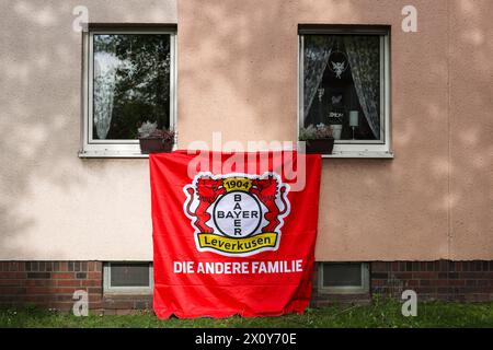 Leverkusen, Allemagne. 14 avril 2024. Football : Bundesliga, Bayer Leverkusen - Werder Brême, Journée 29 : autour du stade, les résidents ont décoré leurs maisons et appartements à Bayer 04 Leverkusen drapeaux, crédit : Christoph Reichwein/dpa/Alamy Live News Banque D'Images