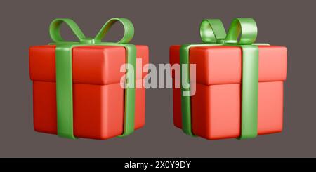 Boîtes cadeaux rouges avec des rubans verts, boîtes 3D réalistes avec des arcs. Cadeaux de Noël de surprise isolés sur fond sombre. Illustration de Vecteur