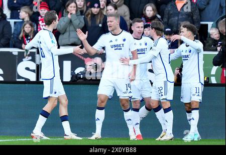 Andreas Cornelius du FC Copenhague a marqué à 1-0 dans le match de Superliga entre le FC Midtjylland et le FC Copenhague à la MCH Arena à Herning, dimanche 14 avril 2024. (Photo : Henning Bagger/Ritzau Scanpix) Banque D'Images