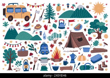 Icônes de voyage. Voiture d'été, arbre et montagnes, pique-nique en forêt ou parc. Fleurs de soleil et champignons, vacances nature mignonnes, éléments de printemps simples. Matériel de randonnée et de camping. Ensemble plat de dessin animé vectoriel Illustration de Vecteur