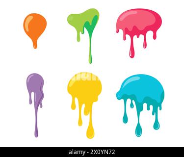 Boue coulante. Éclats de terre colorés, goo gouttes de boue coulant. Illustration vectorielle avec des éclaboussures de peinture de couleur de dessin animé mignon, des éclaboussures, des taches, des Blot Illustration de Vecteur