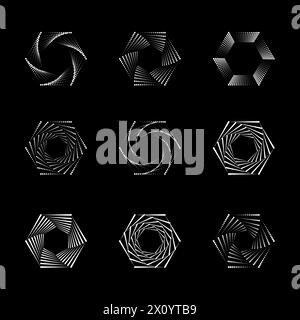 Vortex demi-teinte de point hexagonal, ensemble d'icônes de formes géométriques tordues en spirale, éléments vectoriels Illustration de Vecteur