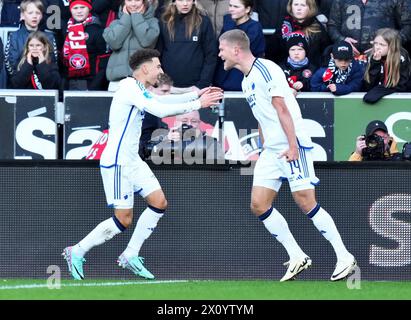 Andreas Cornelius du FC Copenhague a marqué 1-0 points dans le match de super ligue entre le FC Midtjylland et le FC Copenhague à la MCH Arena de Herning, dimanche 14 avril 2024. (Photo : Henning Bagger/Ritzau Scanpix) Banque D'Images