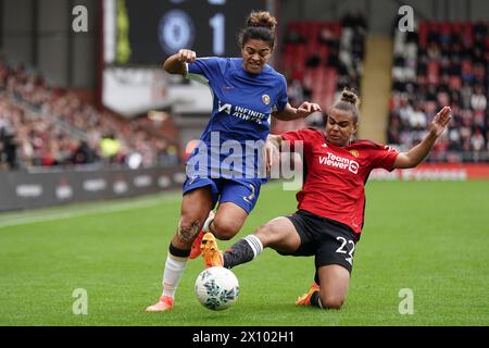 ROYAUME-UNI. 14 avril 2024. Manchester United Women v Chelsea Women- Women's FA Cup semi final LEIGH, ANGLETERRE - 14 DÉCEMBRE : Jess carter de Chelsea lors du match de quatrième tour de la Women's FA Cup entre Manchester United et Chelsea au Leigh Sports Village le 14 avril 2024 à Leigh, Angleterre. Crédit : ALAN EDWARDS/Alamy Live News Banque D'Images