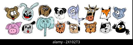 Visages d'animaux mis drôle. dessin à la main. Pas ai, illustration vectorielle. Illustration de Vecteur