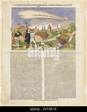 Gravure sur bois allemande vintage, XVIe siècle représentant des phénomènes célestes. Apparition de comètes à partir de novembre 1577 avec vue sur Nuremberg. Source : Zentralbibliothek Zürich, pas II 14/13 Banque D'Images