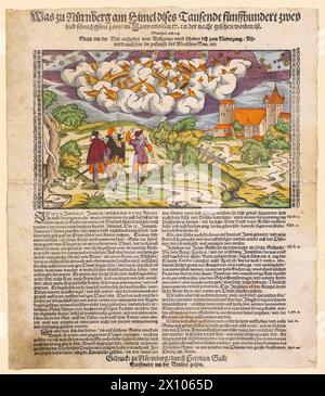Gravure sur bois allemande vintage, XVIe siècle représentant des phénomènes célestes. Rapport d'une lumière boréale au-dessus de Nuremberg le 17 janvier 1572, dans la soirée de huit heures à environ minuit. La description est à la fois empirique et théologique. L'auteur compare les aurores boréales avec la lueur céleste au-dessus du Temple de Jérusalem et interprète l'événement comme un signe divin du feu eschatologique du jugement dernier imminent. Source : Zentralbibliothek Zürich, pas II 9/1 Banque D'Images